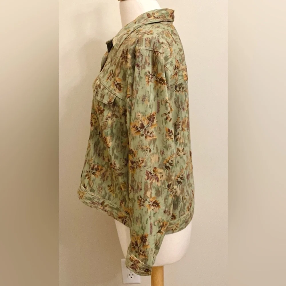 Christopher & Banks Stretch Green Brown Leaf L Cottagecore Grandma Chic Jacket